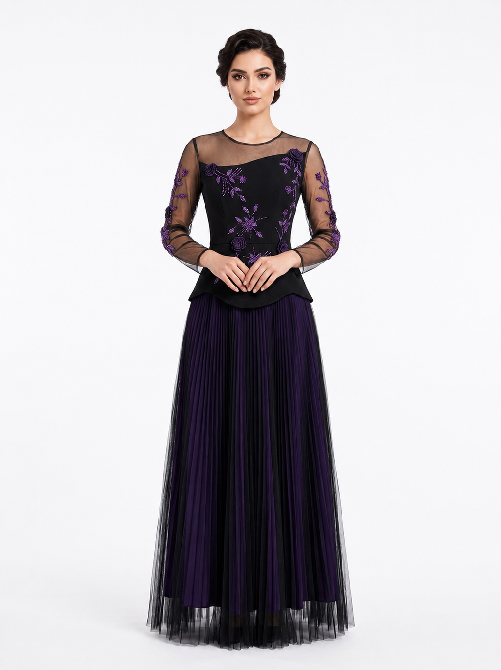 Black & Purple Embroidered Evening Gown