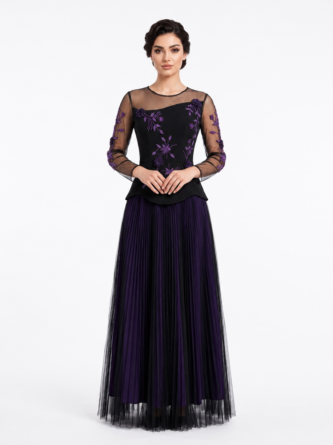 Black & Purple Embroidered Evening Gown