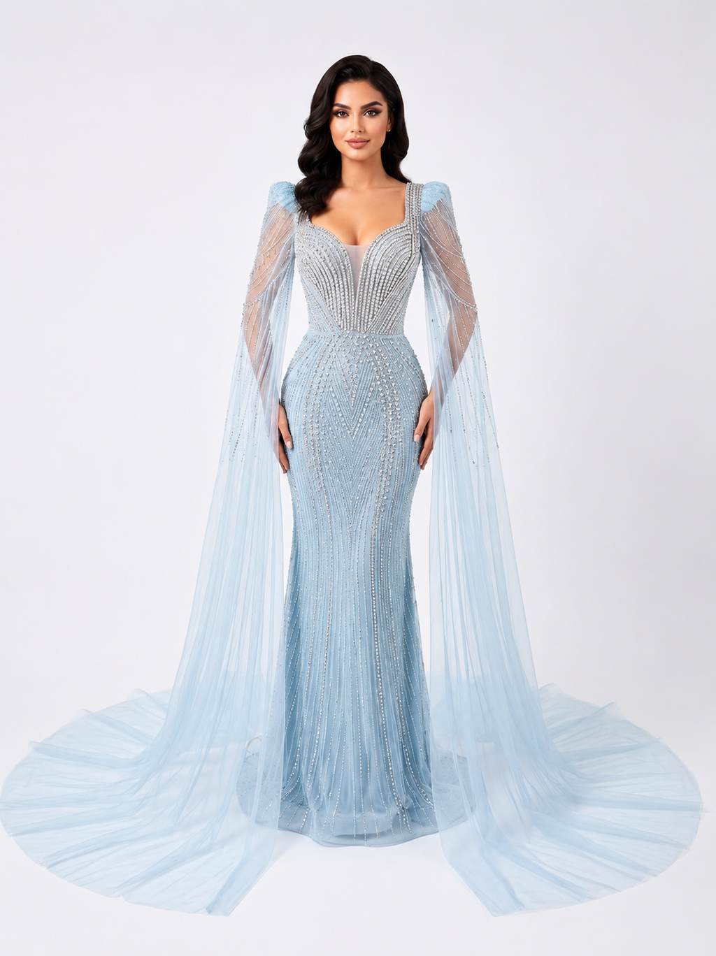 Crystal Cascade Ice Blue Mermaid Gown